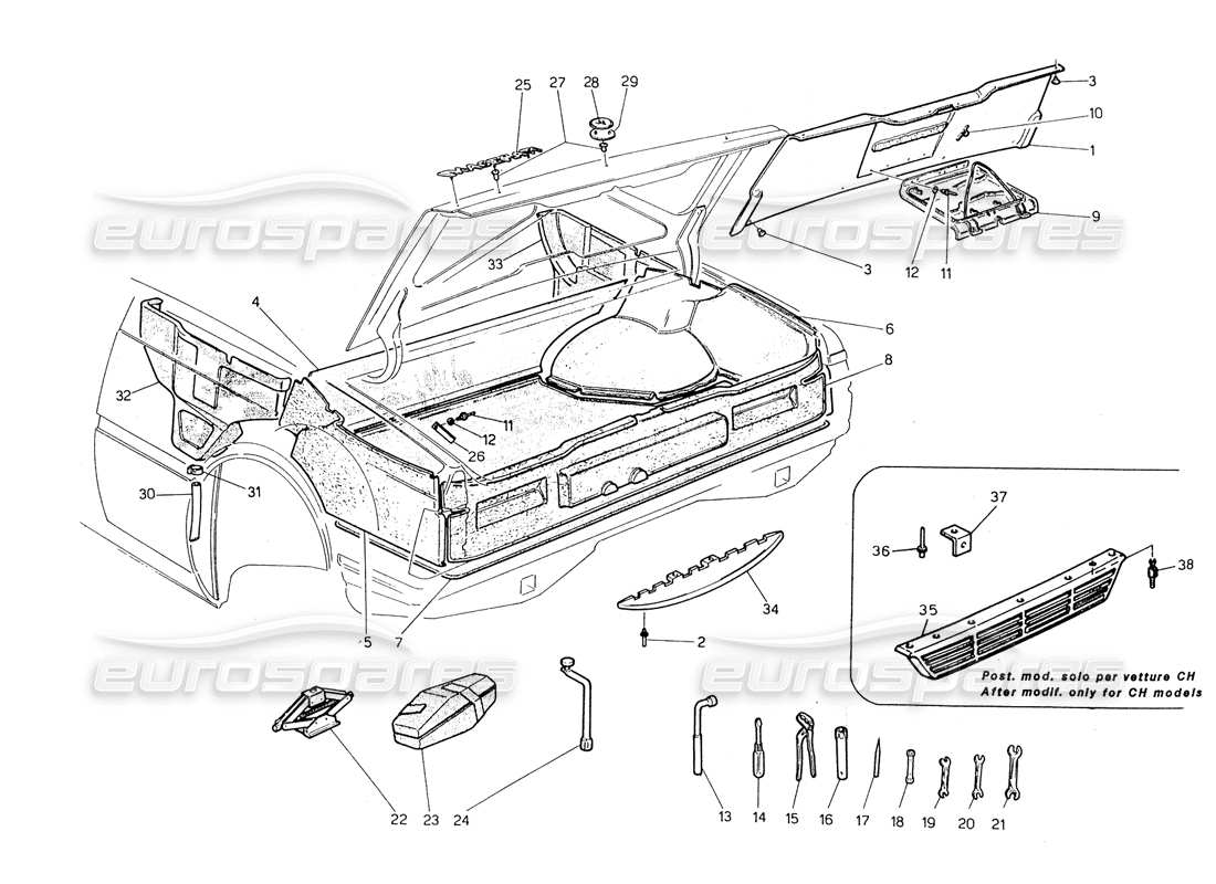 maserati biturbo spider stiefel: abzeichen, teppiche und werkzeuge teilediagramm