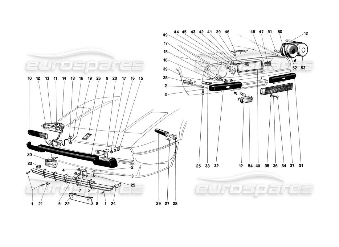 ferrari 208 turbo (1982) teilediagramm für stoßstangen, zierleisten und außenleuchten