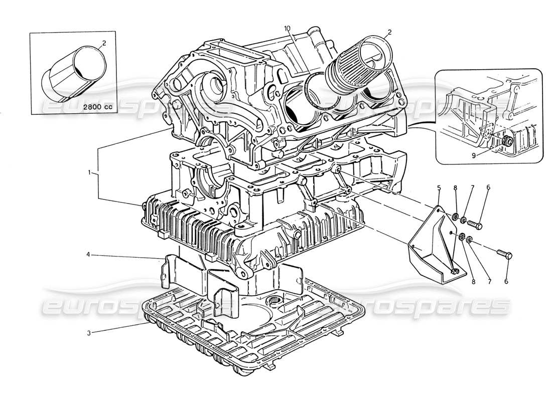 maserati 222 / 222e biturbo teilediagramm für zylinderblock und ölwanne