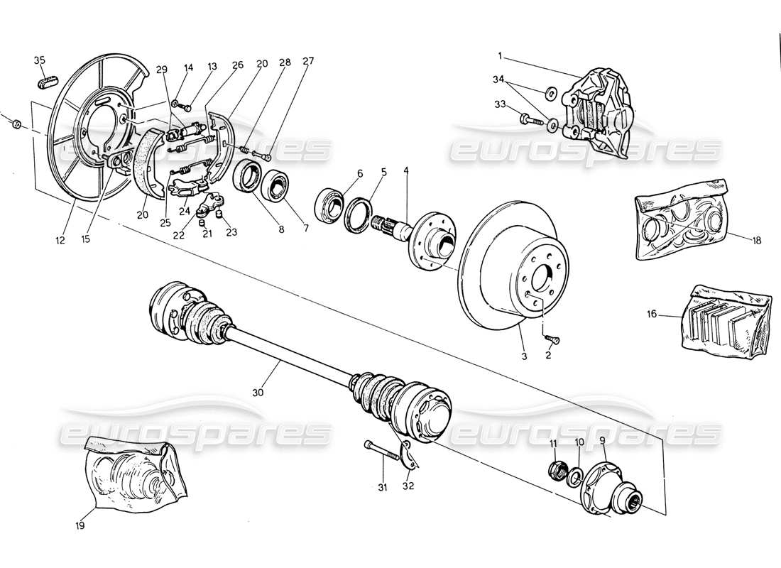 maserati 222 / 222e biturbo teilediagramm für naben, hinterradbremsen und antriebswellen