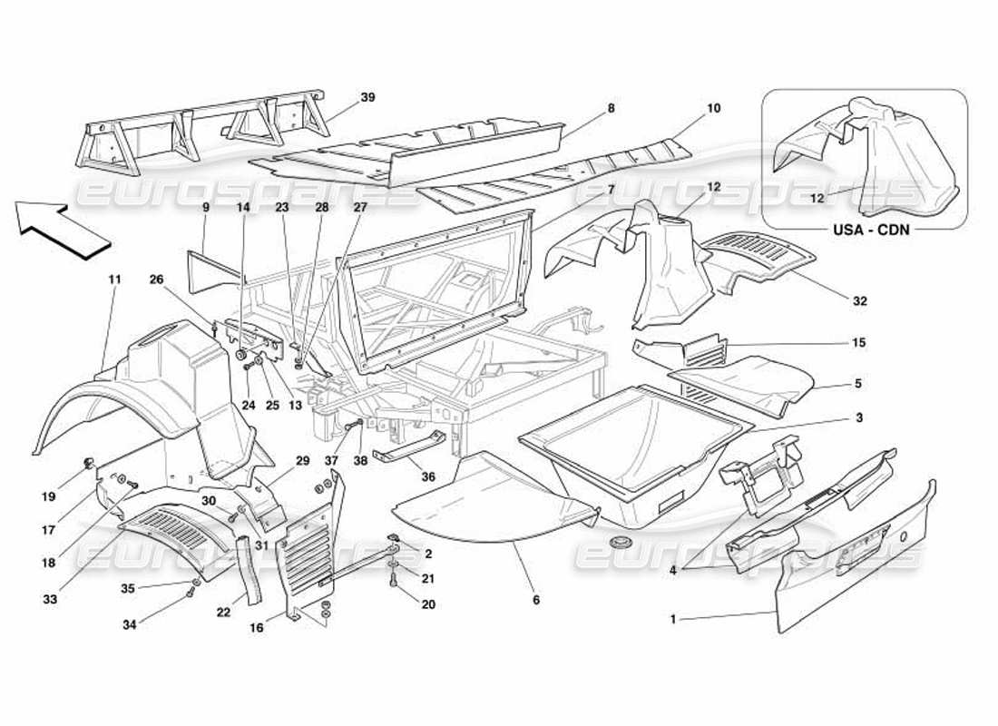 ferrari 550 barchetta teilediagramm für hintere strukturen und komponenten