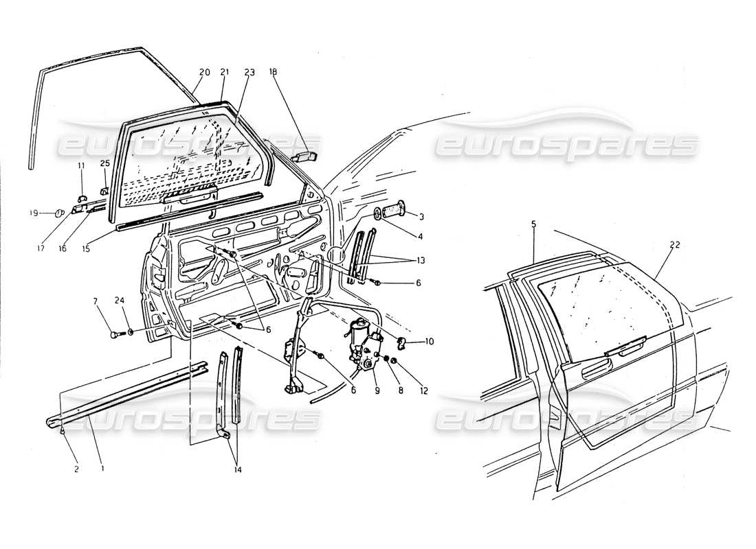 maserati 418 / 4.24v / 430 haustüren, gläser und fensterheber teilediagramm