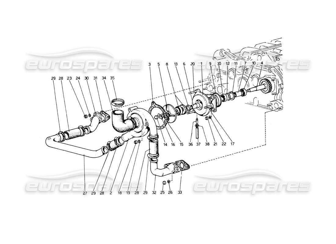 ferrari 512 bb wasserpumpe und rohrleitungen teilediagramm