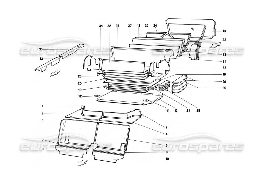 ferrari 208 turbo (1982) teilediagramm zur isolierung von fahrgast- und gepäckraum