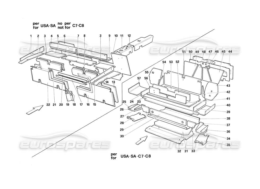 ferrari mondial 3.2 qv (1987) gepäck- und fahrgastraum, isolierung - cabriolet-ersatzteildiagramm
