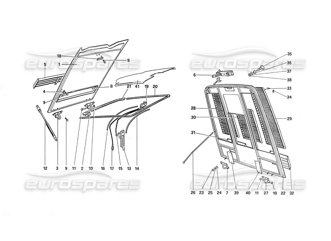 ferrari 288 gto teilediagramm der vorderen und hinteren motorhaube