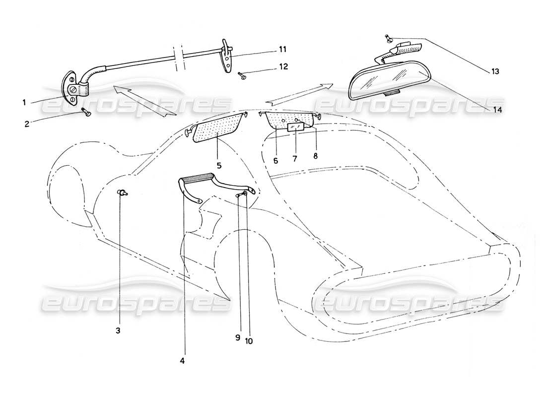 ferrari 206 gt dino (coachwork) teilediagramm für sonnenblenden und rückspiegel