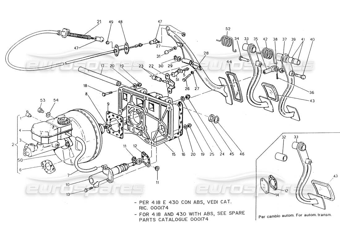 maserati 418 / 4.24v / 430 pedalbrett und servobremse. teilediagramm für linke lenkung