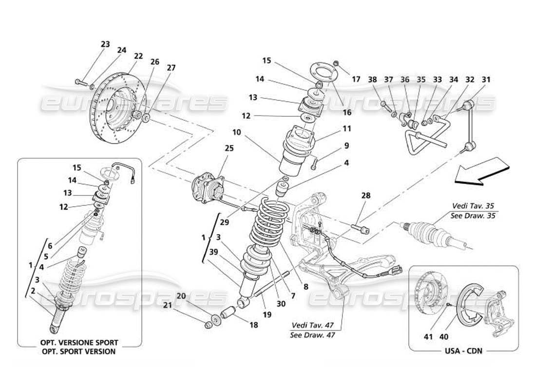 maserati 4200 coupe (2005) hinterradaufhängung - teilediagramm stoßdämpfer und bremsscheibe