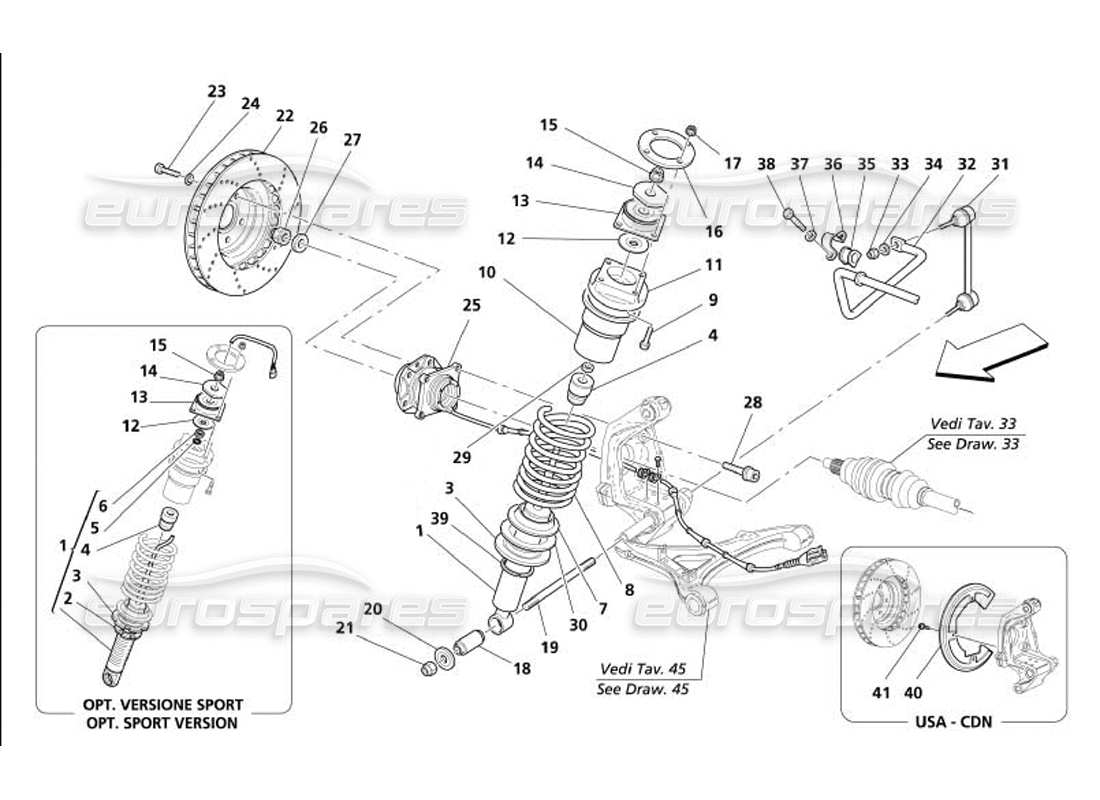maserati 4200 gransport (2005) hinterradaufhängung - teilediagramm stoßdämpfer und bremsscheibe