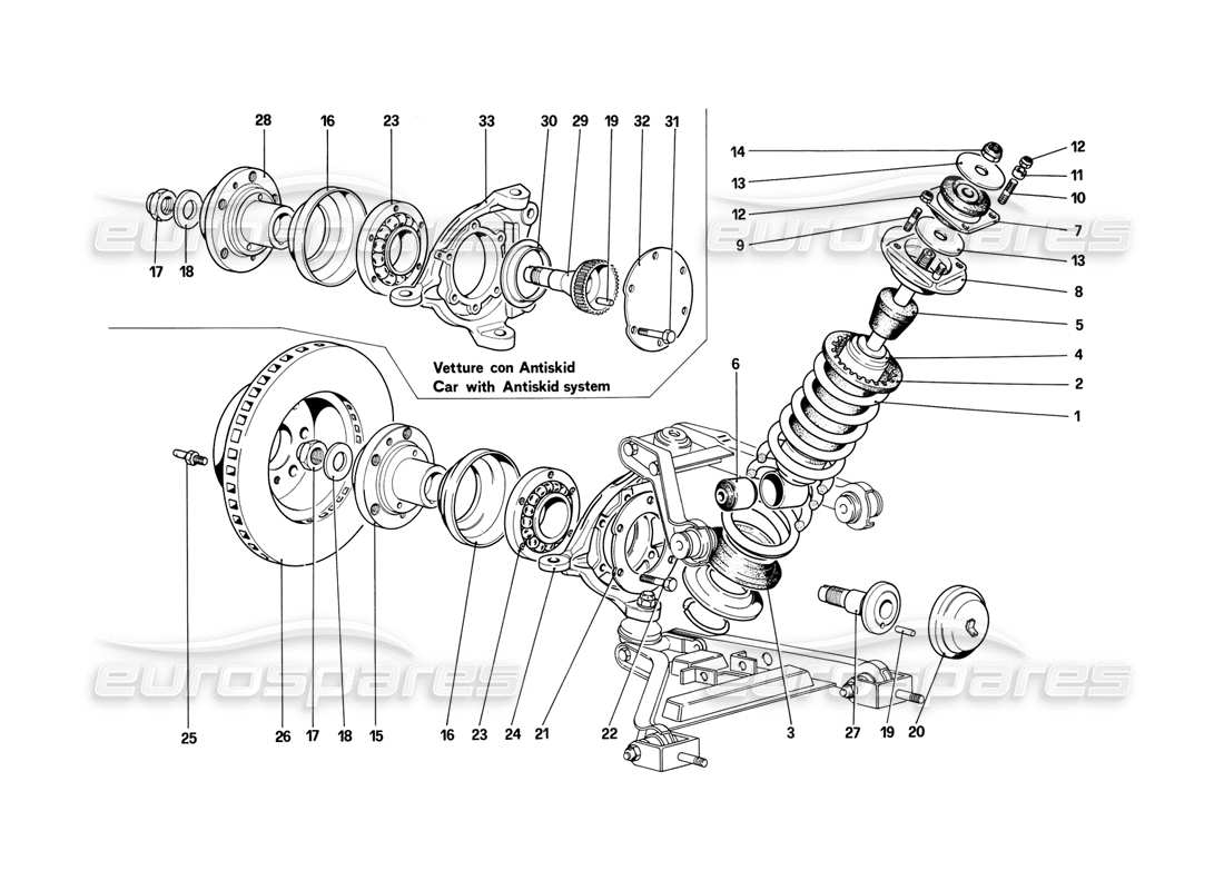 ferrari mondial 3.2 qv (1987) vorderradaufhängung - teilediagramm stoßdämpfer und bremsscheibe