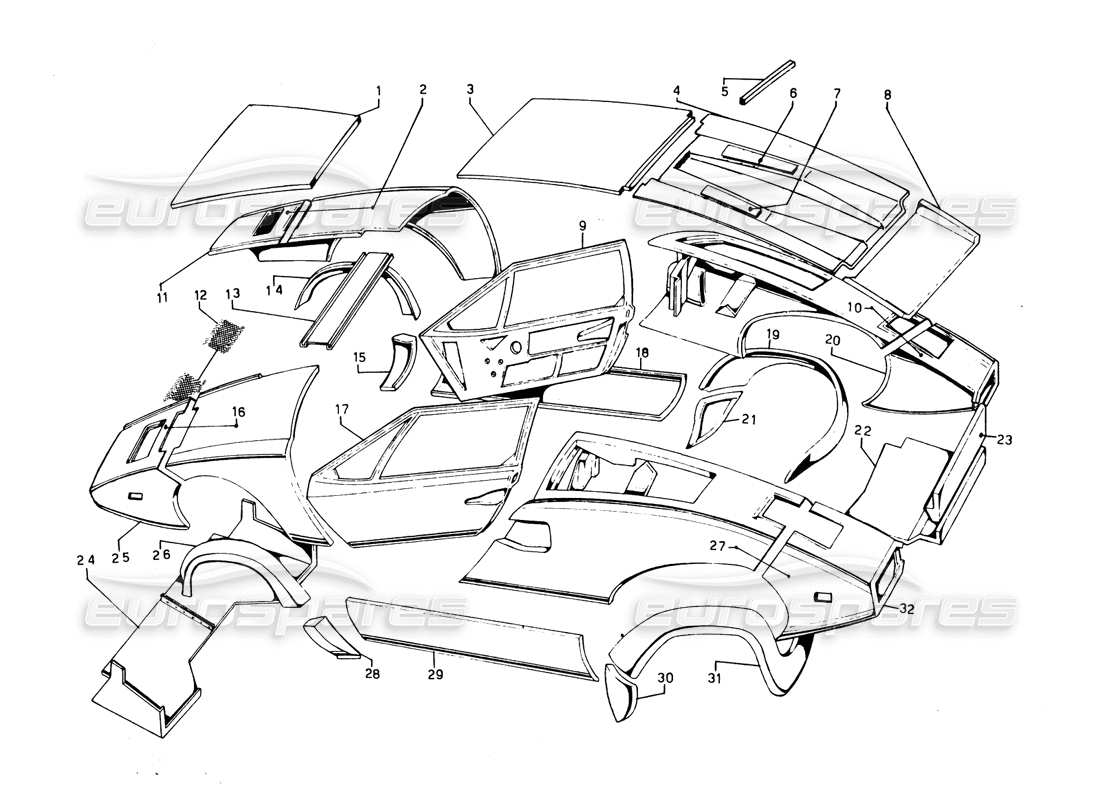 lamborghini countach 5000 qvi (1989) teilediagramm für außenverkleidungen