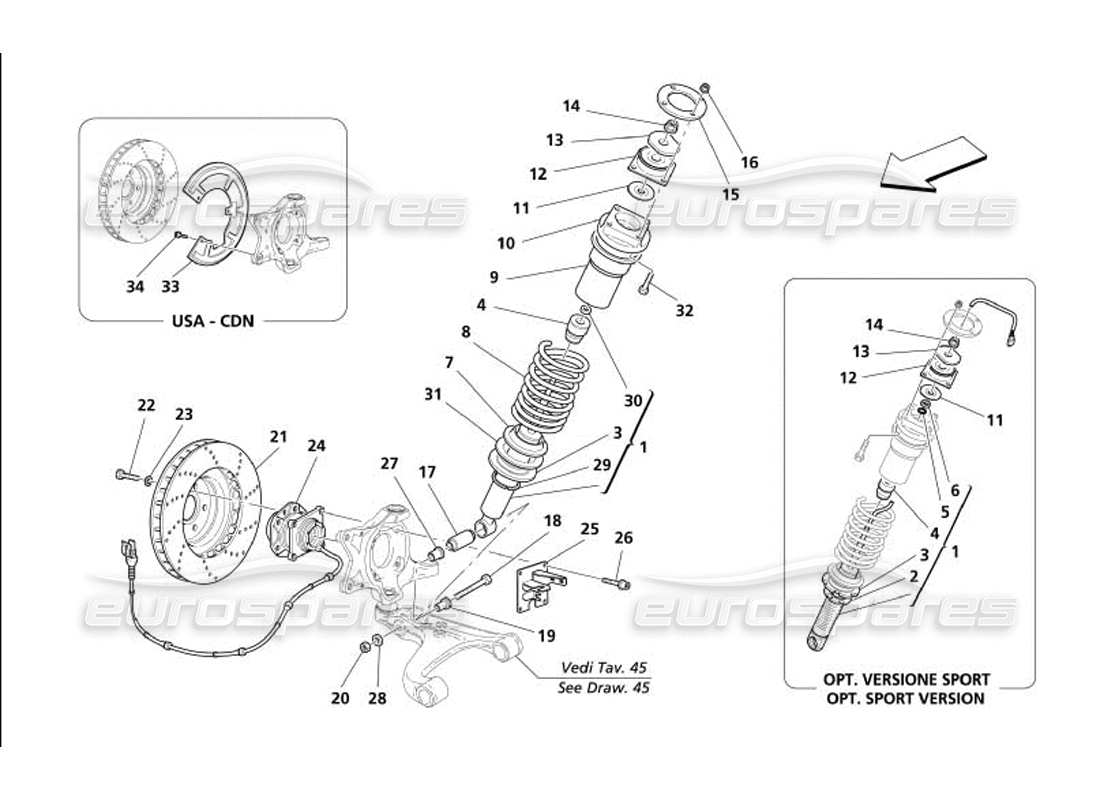 maserati 4200 spyder (2005) vorderradaufhängung - teilediagramm stoßdämpfer und bremsscheibe