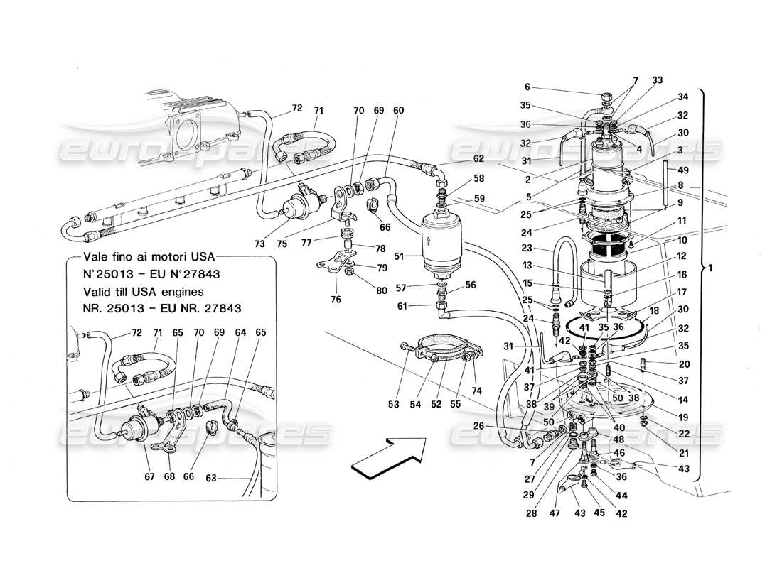 ferrari 348 (1993) tb / ts teilediagramm für kraftstoffpumpe und -leitungen