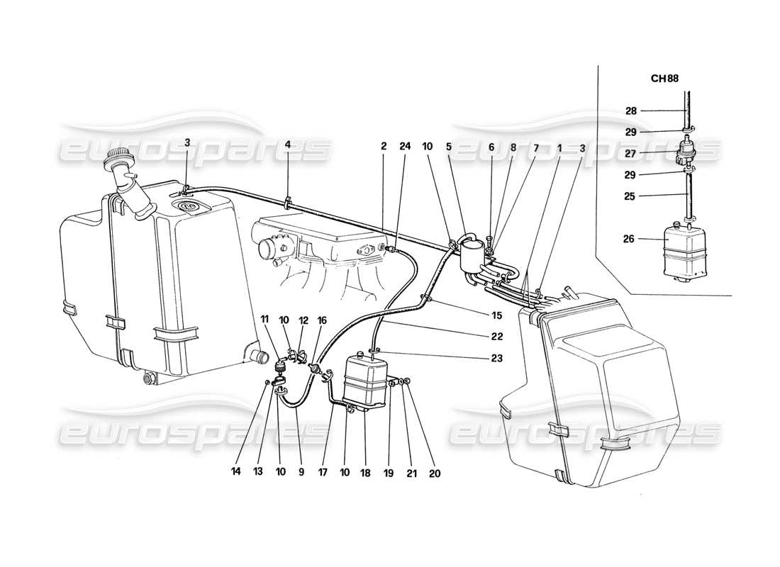 ferrari 328 (1988) antievaporatives emissionskontrollsystem (für usa – sa und ch88-version) teilediagramm