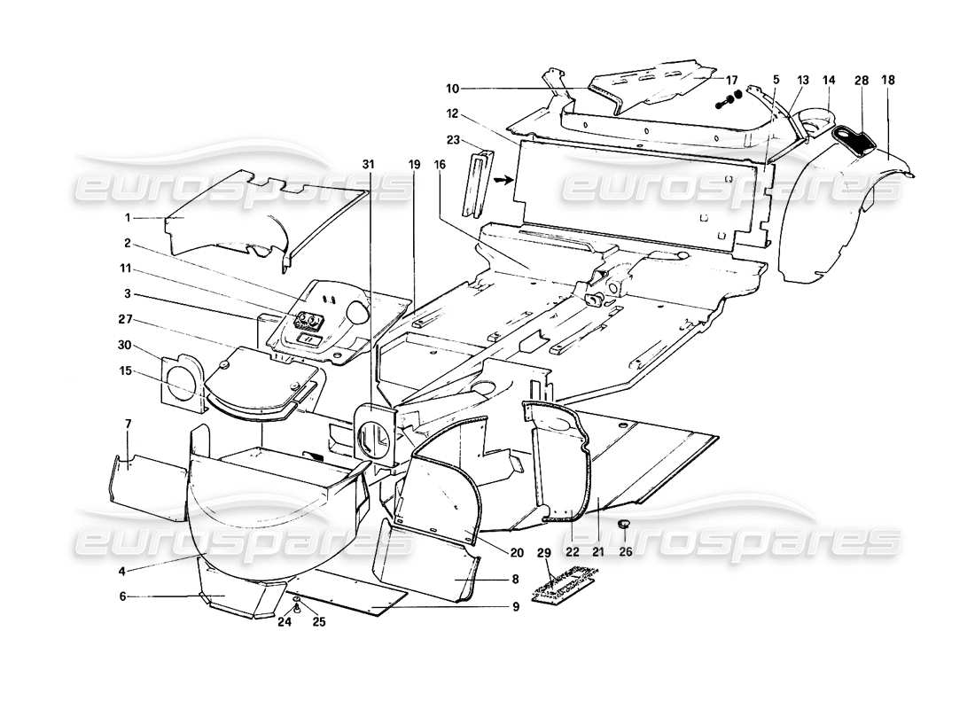 ferrari 308 quattrovalvole (1985) karosserie - teilediagramm der inneren elemente