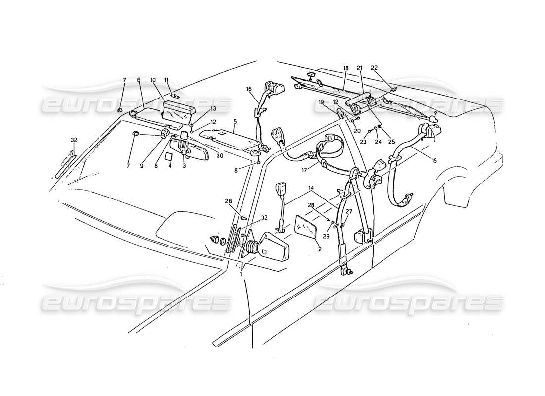maserati biturbo 2.5 (1984) teilediagramm für sicherheitsgurte, spiegel und sonnenblende