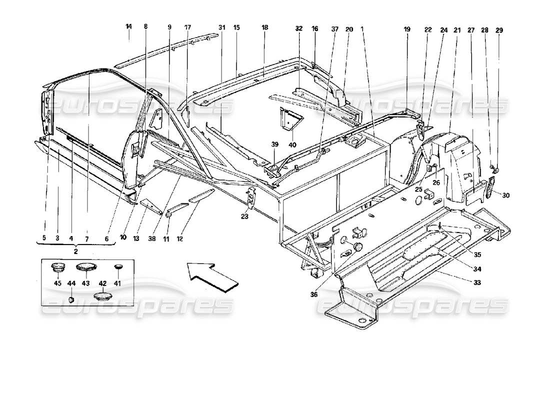 ferrari mondial 3.4 t coupe/cabrio karosserie: innere elemente - heckteil - coupé-teilediagramm