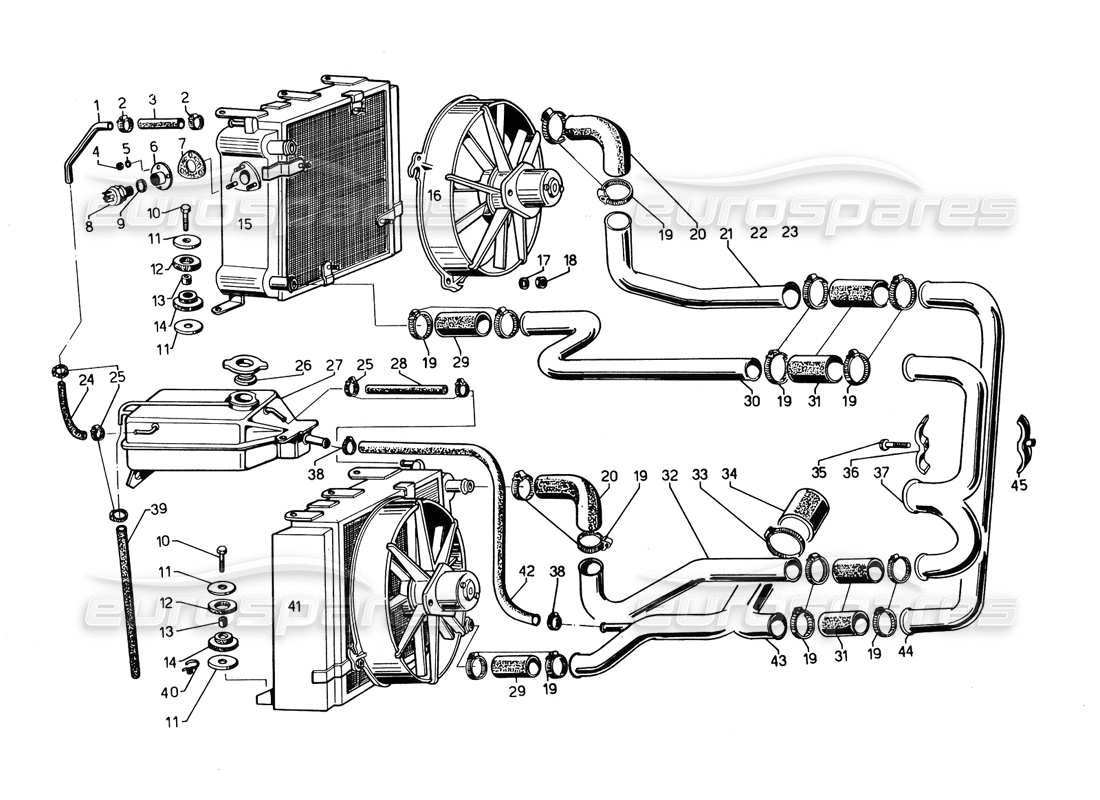 lamborghini countach 5000 qvi (1989) teilediagramm für kühler und kühlmittelsystem