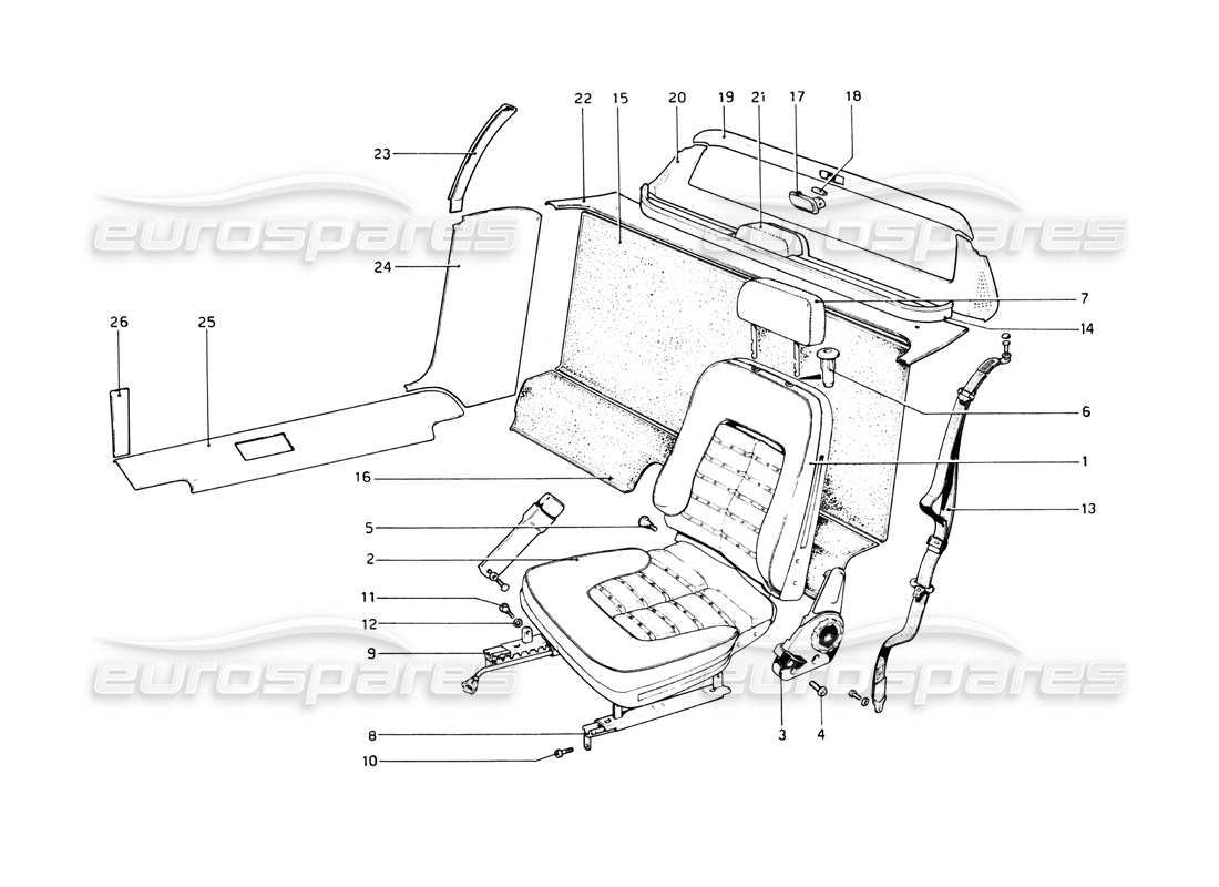 ferrari 512 bb teilediagramm für innenverkleidung, zubehör und sitze