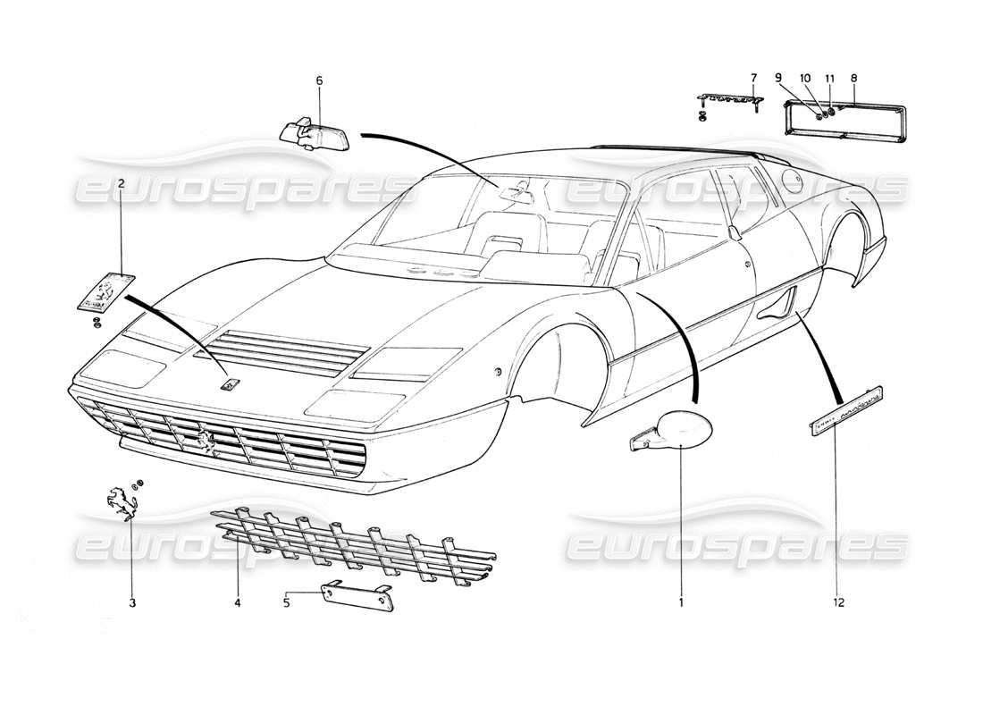 ferrari 512 bb teilediagramm für karosserieformteile