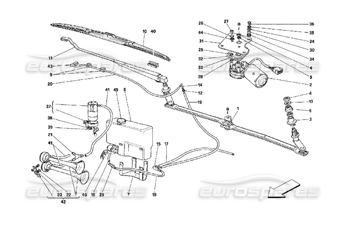 ferrari mondial 3.4 t coupe/cabrio teilediagramm für scheibenwischer und hupen