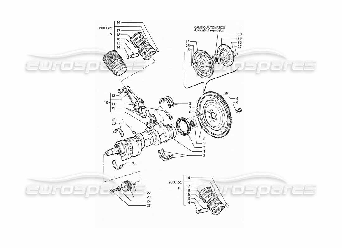 maserati ghibli 2.8 (abs) teilediagramm für kurbelwelle, kolben, pleuel und schwungrad