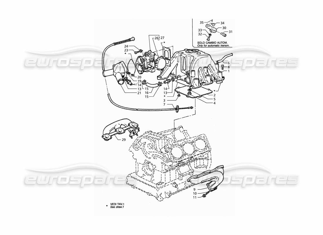 maserati qtp. 3.2 v8 (1999) diagramm der drosselklappengehäuseteile für ansaug- und auspuffkrümmer