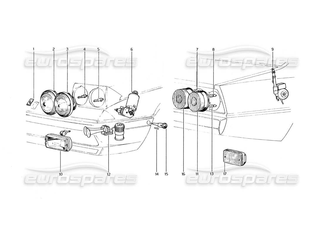 ferrari 400 gt (mechanical) vorder- und rücklichter, hupen und arial teilediagramm