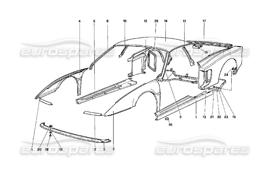 ferrari 512 tr karosserie - teilediagramm für externe komponenten