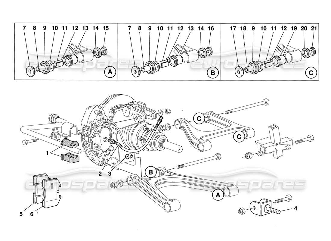 ferrari 348 challenge (1995) teilediagramm für hinterradaufhängungsbeläge und bremsleitungen