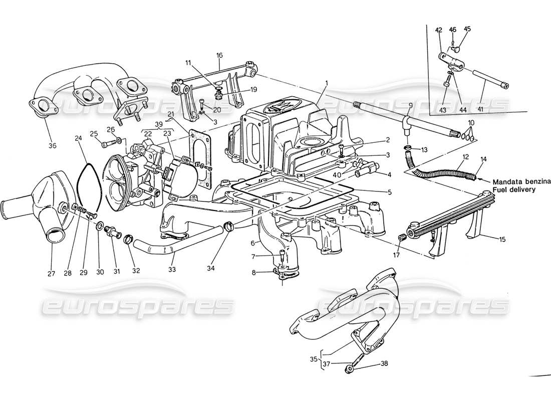 maserati 222 / 222e biturbo diagramm der drosselklappengehäuseteile im ansaugkrümmer