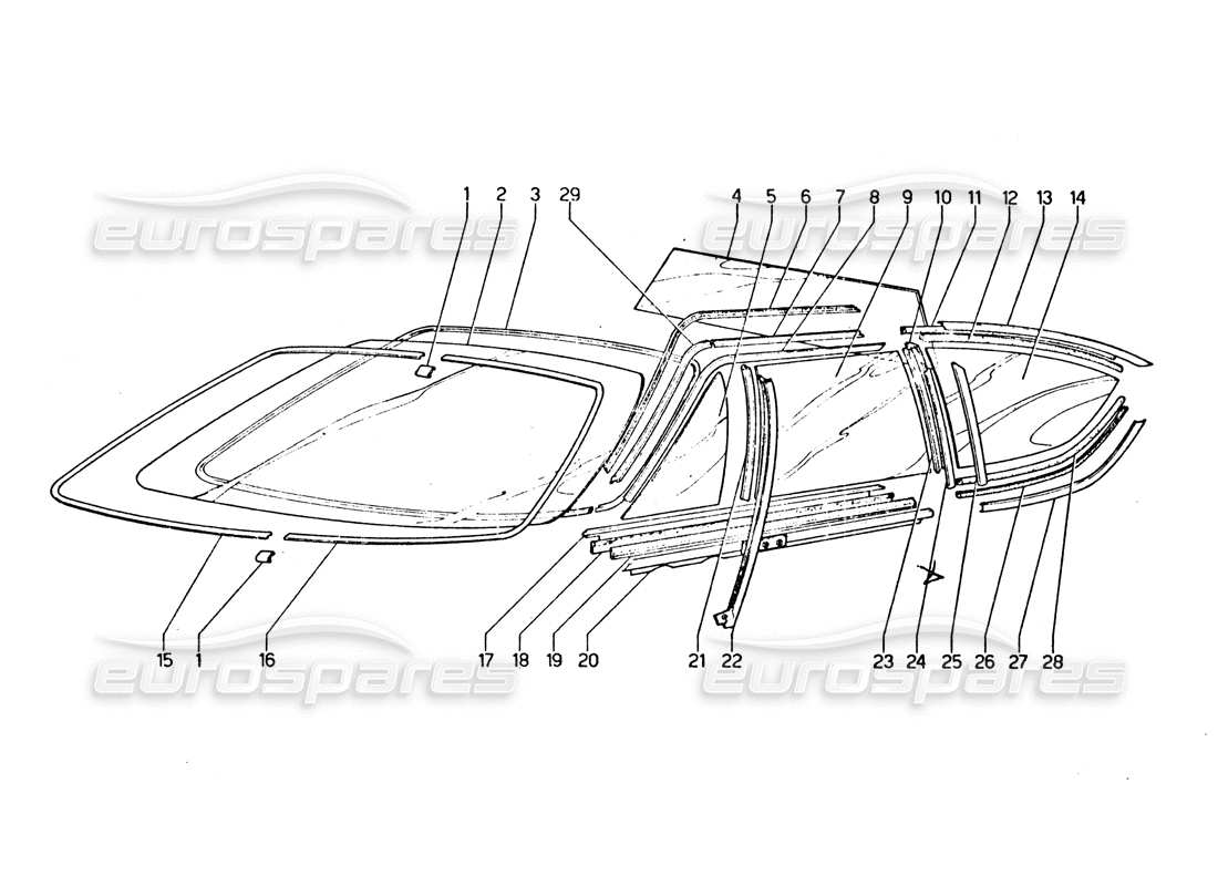 lamborghini urraco p250 / p250s glasscheiben, windschutzscheiben und seitenscheiben teilediagramm