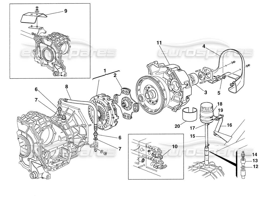 ferrari 355 challenge (1999) teilediagramm für kupplungsbaugruppe und hitzeschilde