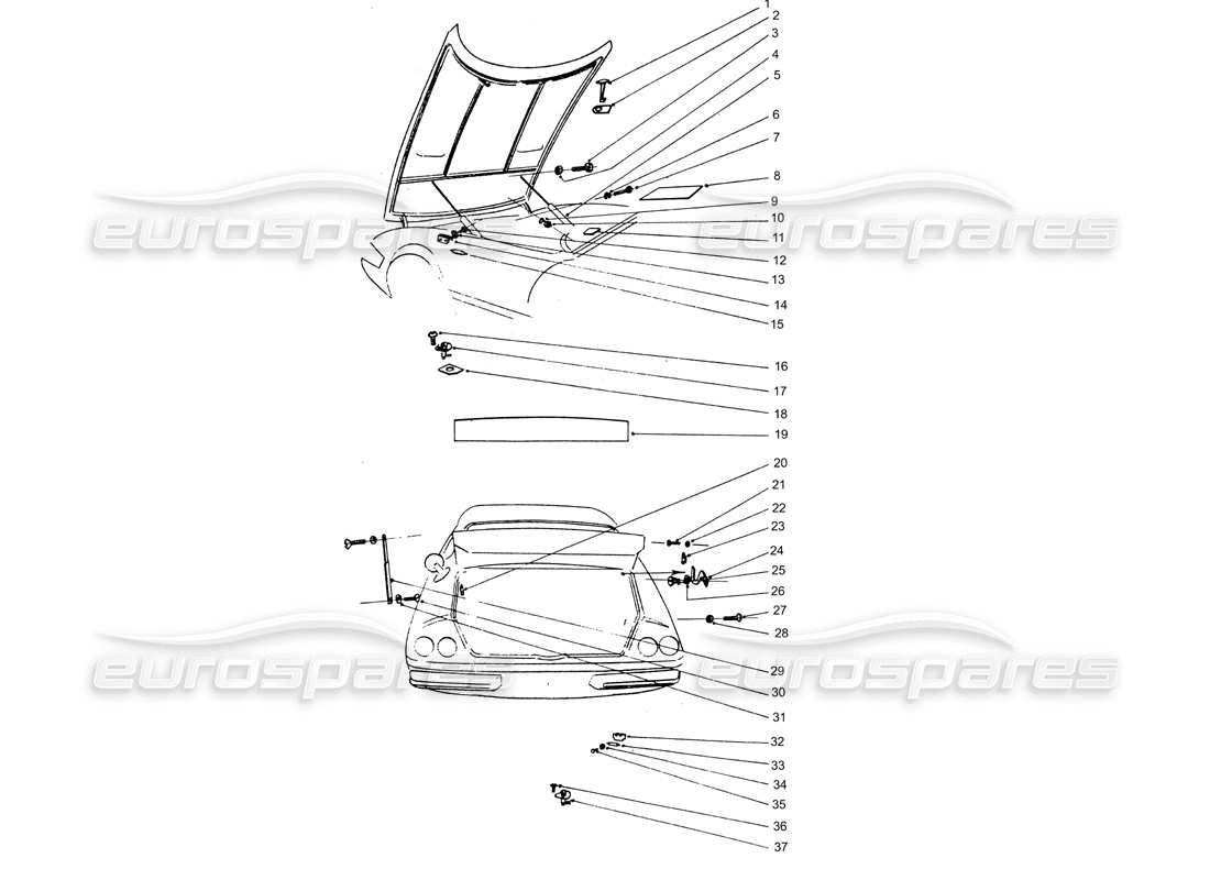 ferrari 365 gtb4 daytona (coachwork) teilediagramm für vordere und hintere haubenscharniere