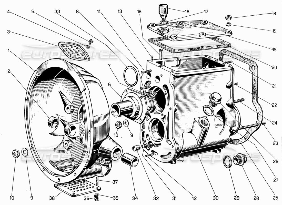 ferrari 330 gt 2+2 teilediagramm für kupplungsgehäuse und getriebe