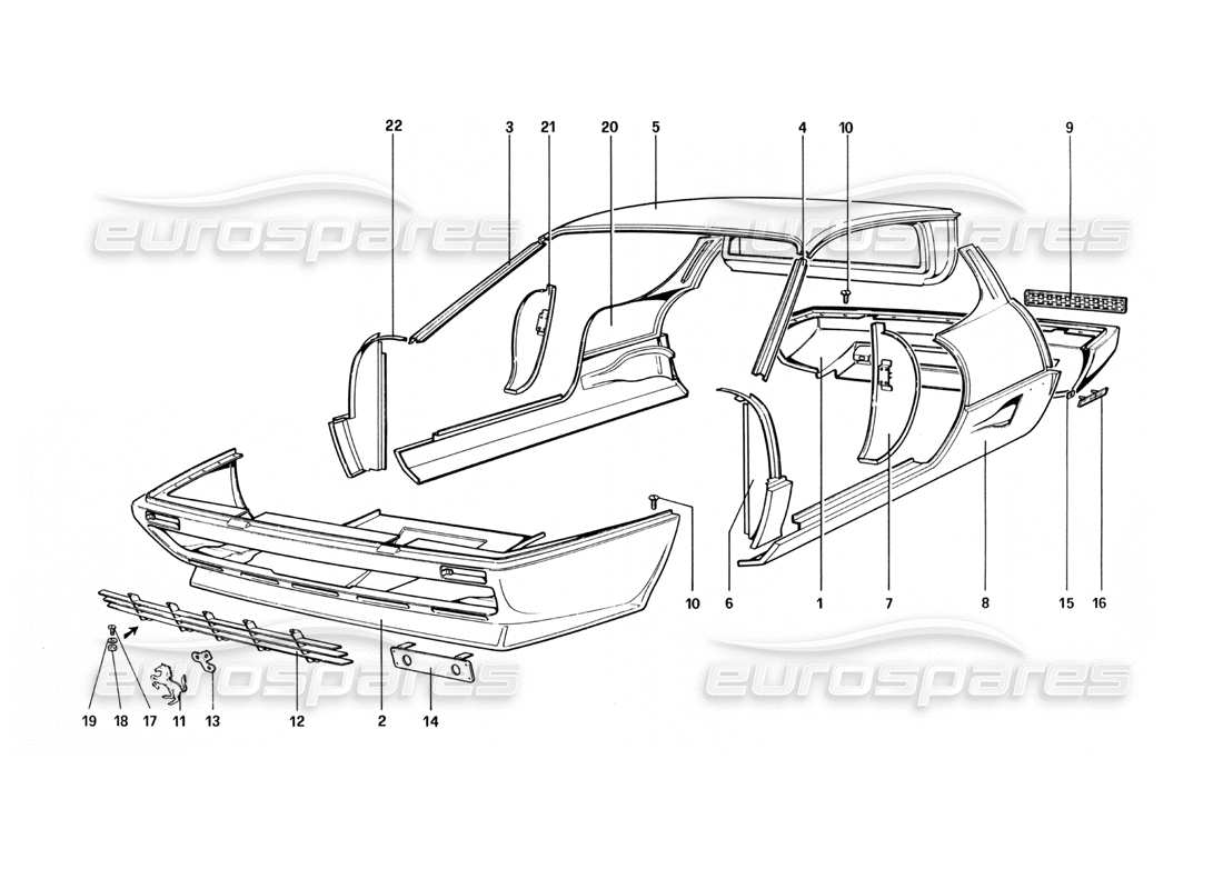 ferrari 512 bbi karosserie – äußere elemente teilediagramm