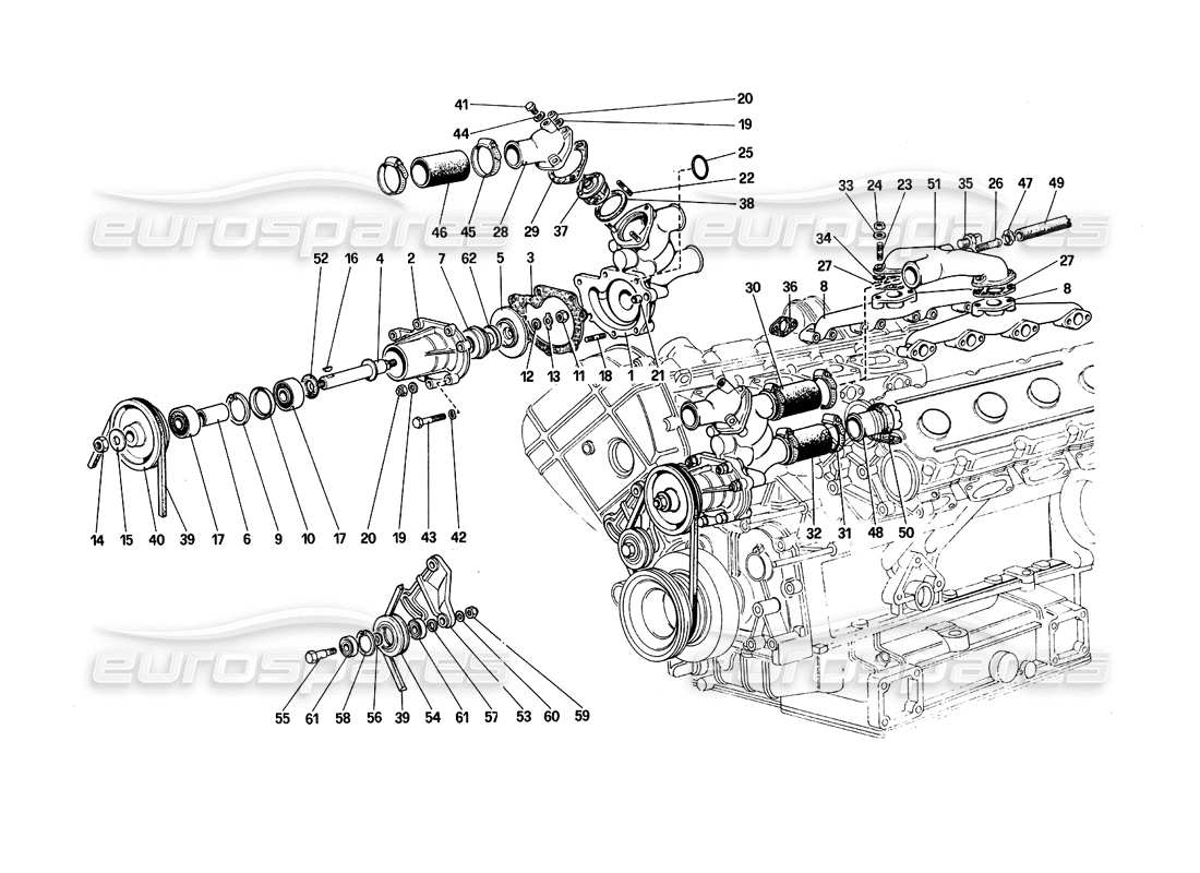 ferrari 308 quattrovalvole (1985) teilediagramm für wasserpumpe und rohrleitungen