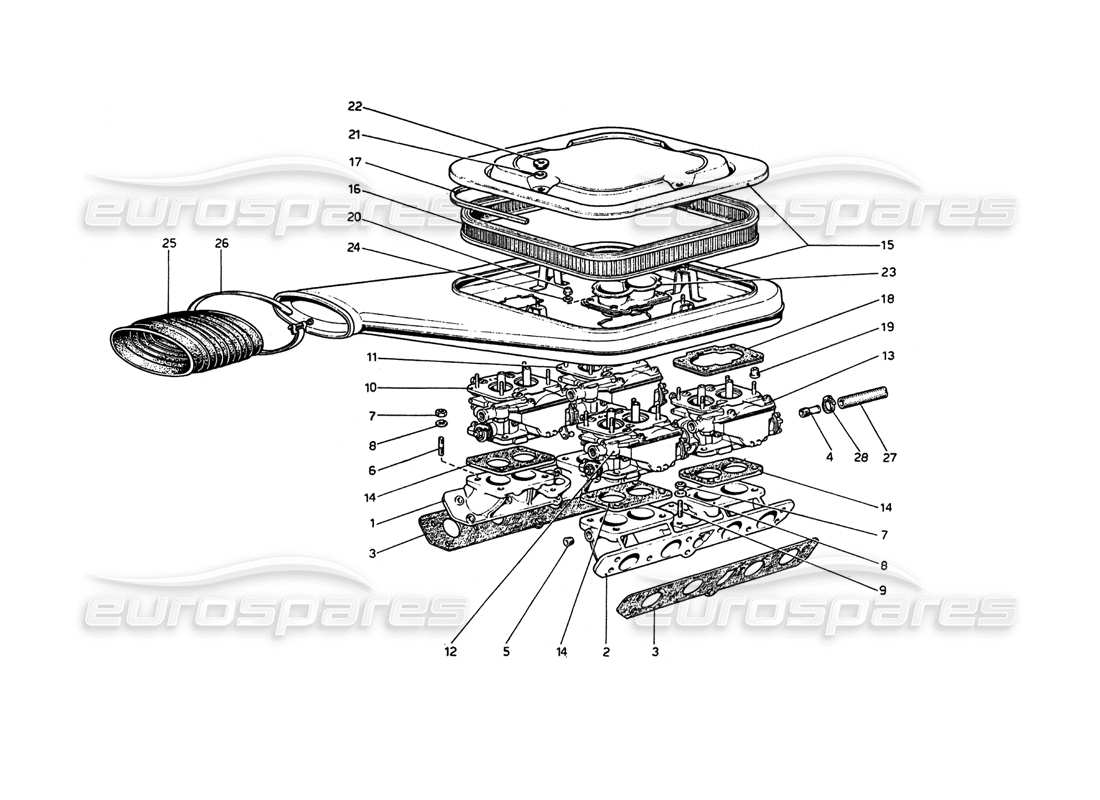 ferrari 208 gt4 dino (1975) teilediagramm für vergaser und luftfilter