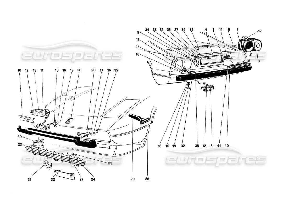 ferrari 308 quattrovalvole (1985) teilediagramm für stoßstangen, zierleisten und außenleuchten