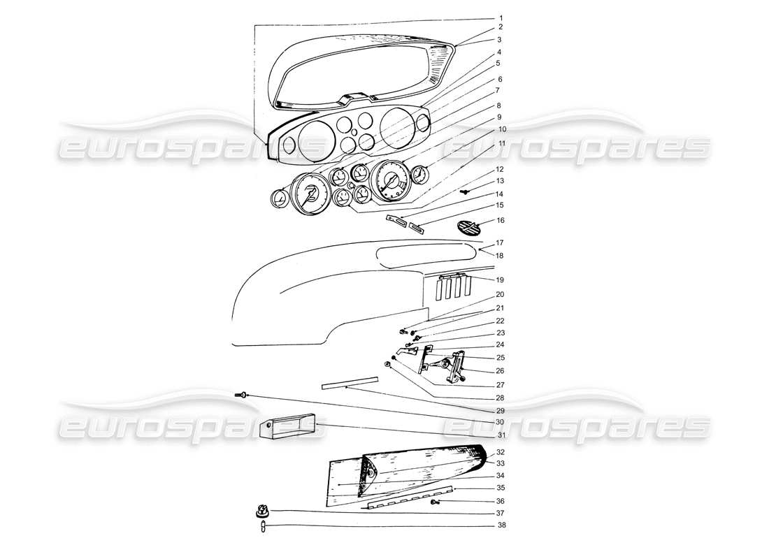 ferrari 365 gtb4 daytona (coachwork) kombiinstrument – ​​handschuhfach teilediagramm