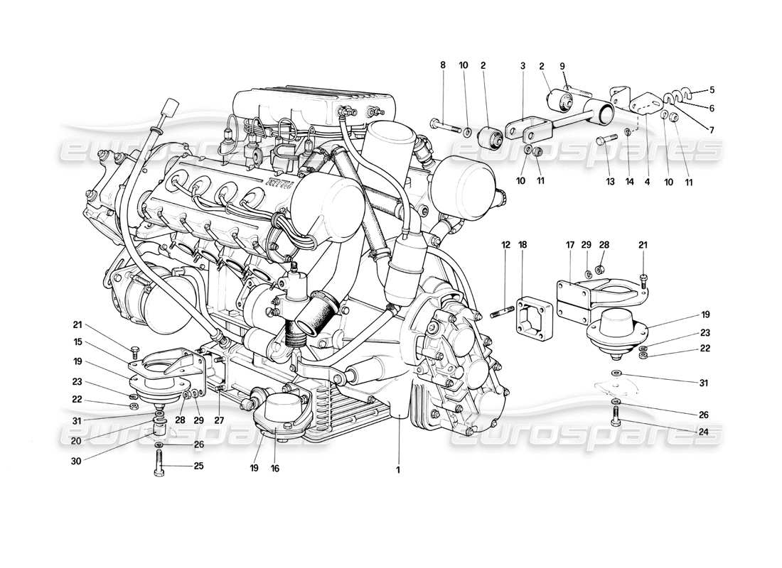 ferrari mondial 3.0 qv (1984) motor – getriebe und stützen teilediagramm