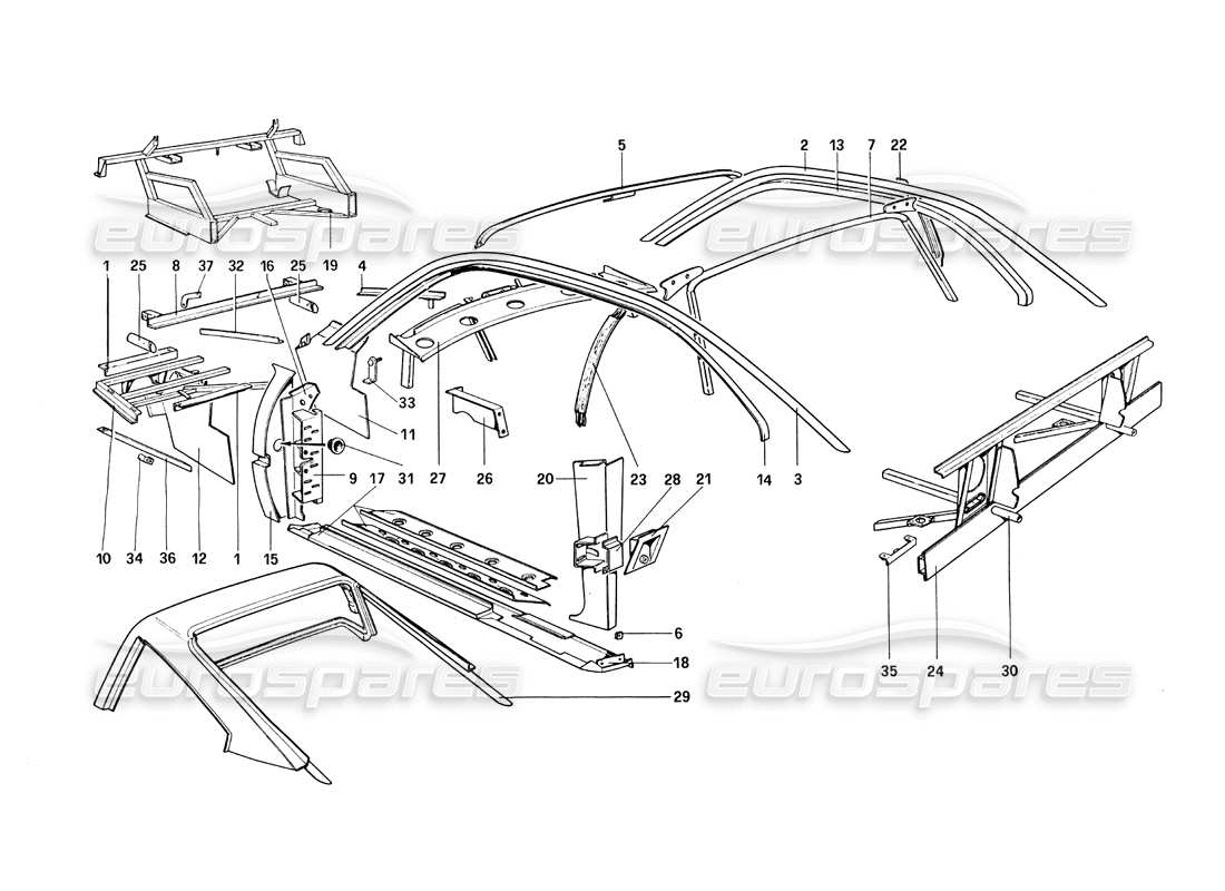 ferrari 308 quattrovalvole (1985) karosserie - teilediagramm der inneren elemente