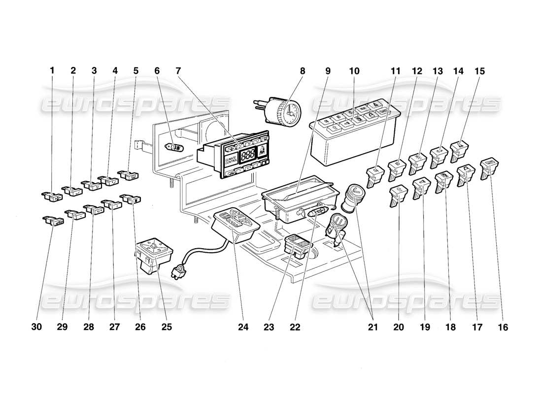 lamborghini diablo vt (1994) tunnel-panel-instrumente teilediagramm