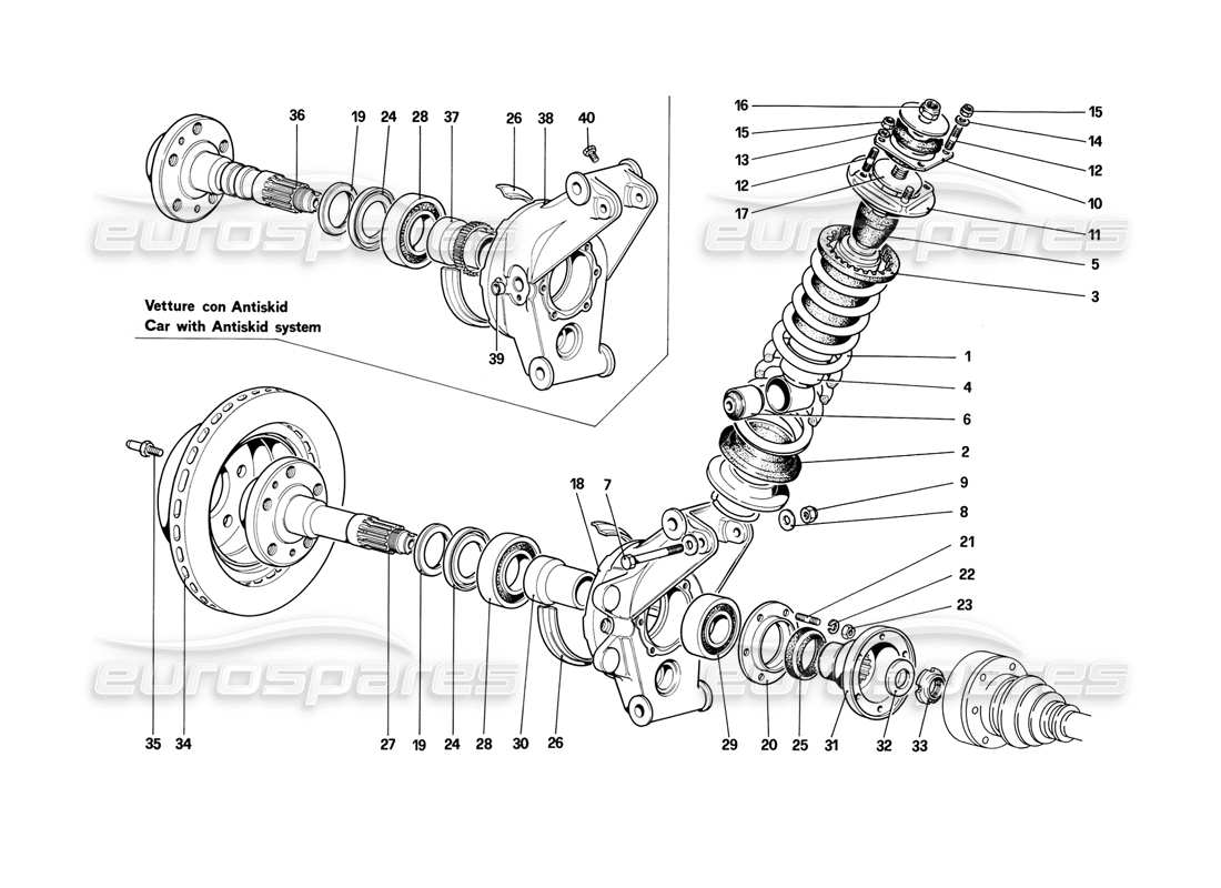 ferrari mondial 3.2 qv (1987) hinterradaufhängung - teilediagramm stoßdämpfer und bremsscheibe