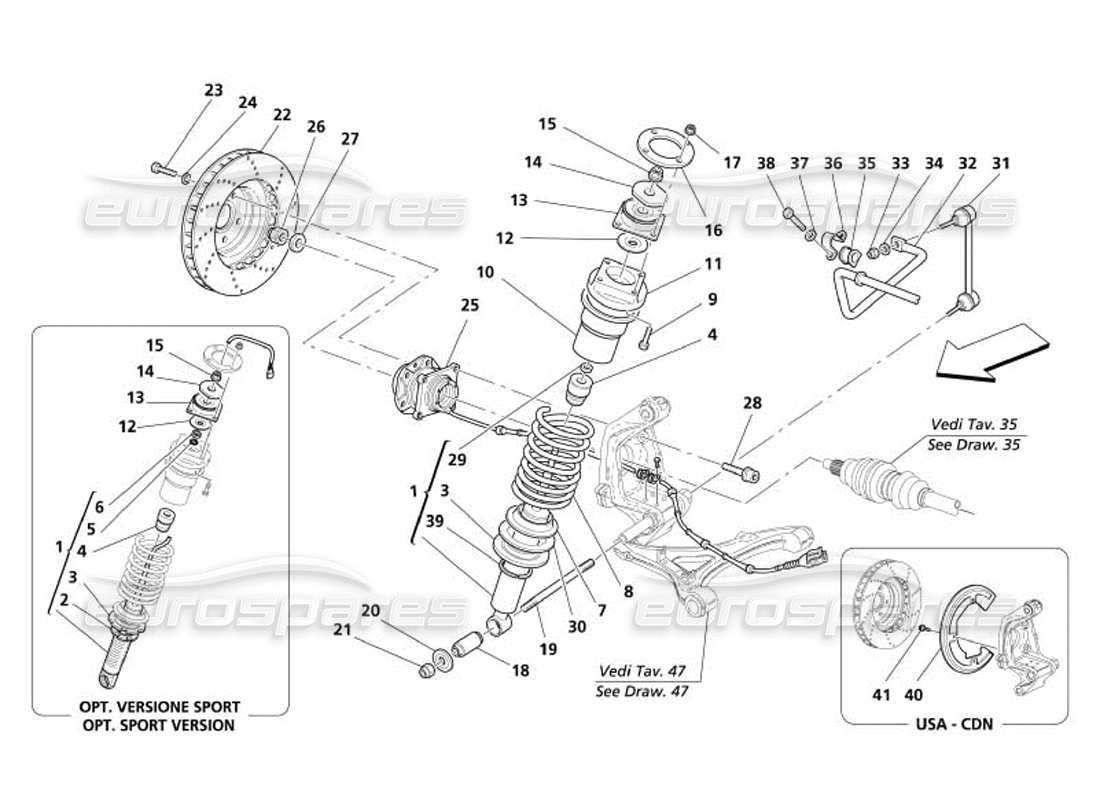 maserati 4200 spyder (2005) hinterradaufhängung - teilediagramm stoßdämpfer und bremsscheibe