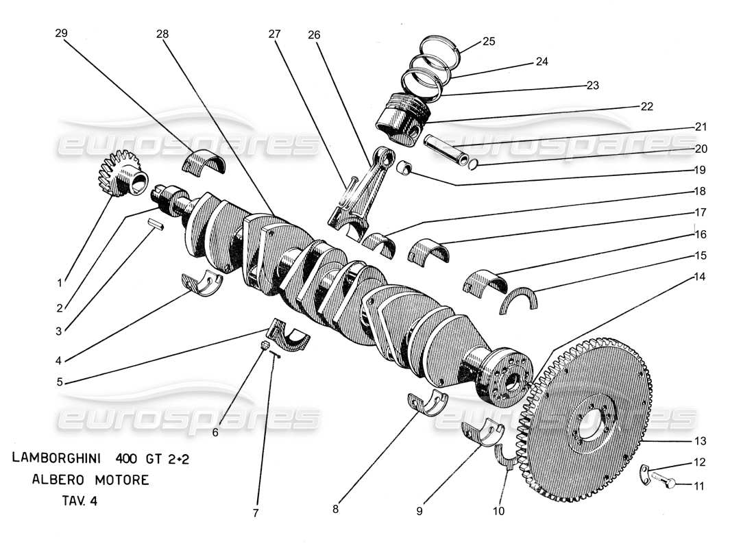 lamborghini 400 gt teilediagramm für kurbelwellenpleuel und kolben