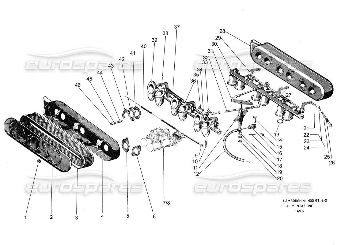 lamborghini 400 gt teilediagramm des ansaugkrümmers