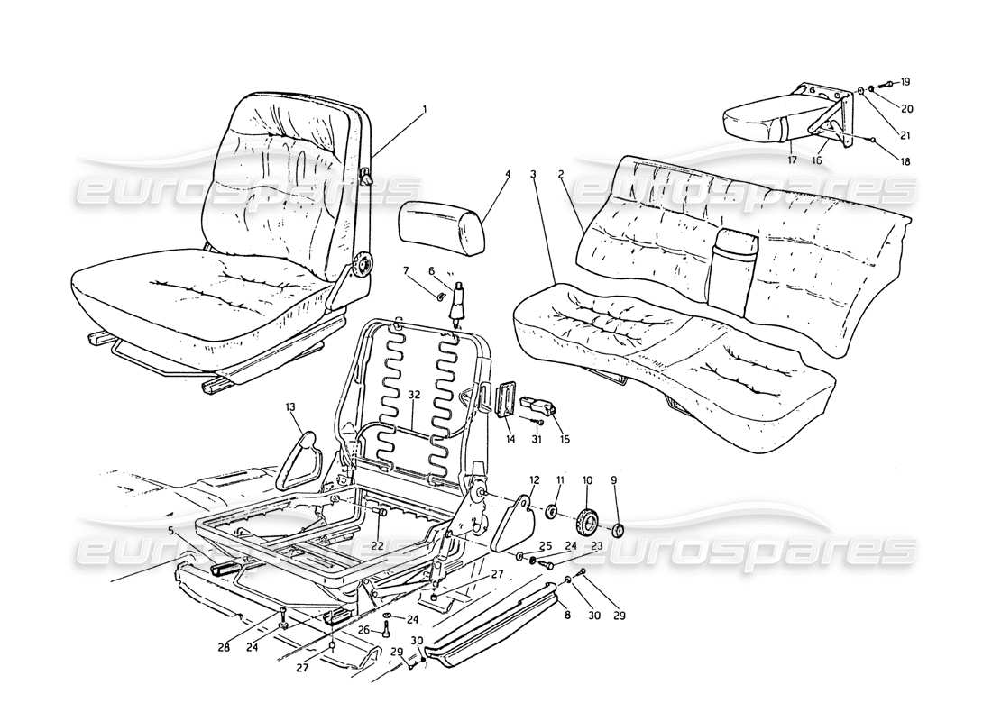 maserati biturbo 2.5 (1984) vorder- und rücksitz teilediagramm