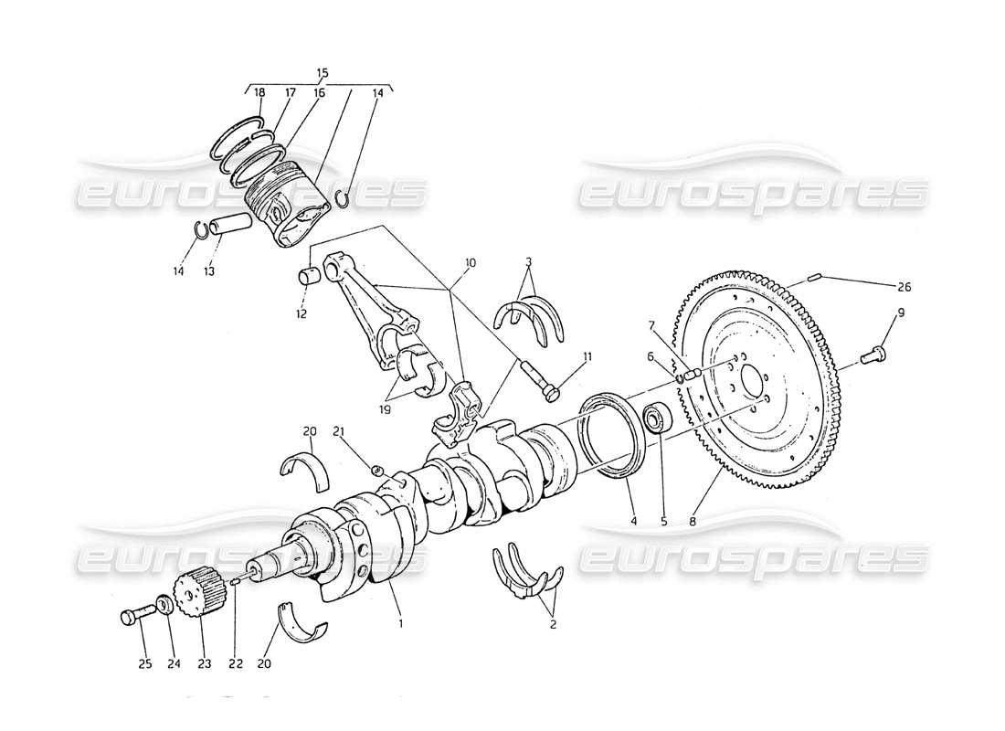 maserati biturbo 2.5 (1984) kurbelwelle – kolben – pleuel und schwungrad teilediagramm